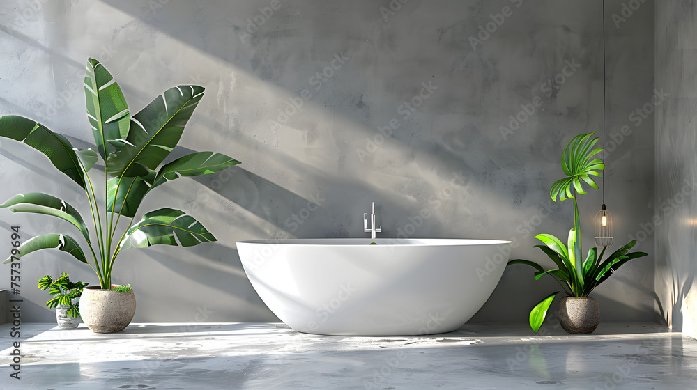 Minimalist bathroom design with abundant sunlight shining on a modern bathtub surrounded by vibrant plants Minimalist bathroom design with abundant sunlight shining on a modern bathtub surrounded by vibrant plants