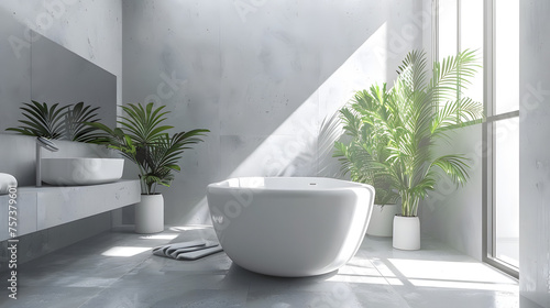 A bright bathroom design featuring a tub  potted plants  and a natural light source from the window
