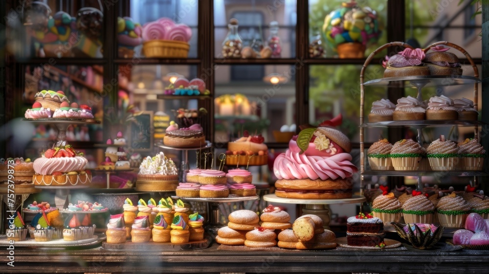 A Delectable Display of Pastries, Cakes, and Desserts at a Cozy Bakery