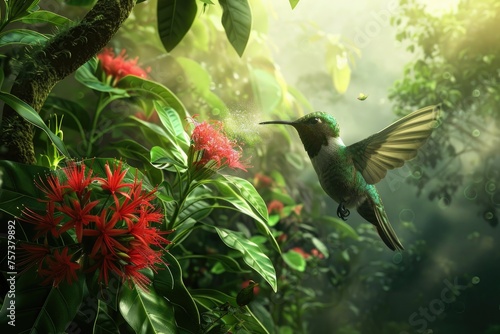 A charming hummingbird sipping nectar from exotic flowers in a lush rainforest photo