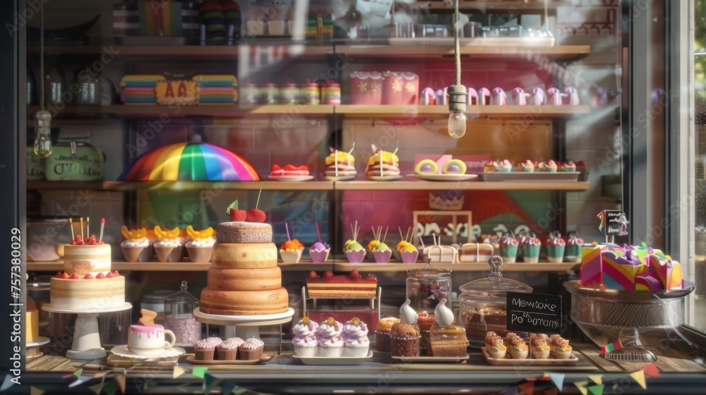 A Colorful Display of Delicious Desserts in a Bakery Window
