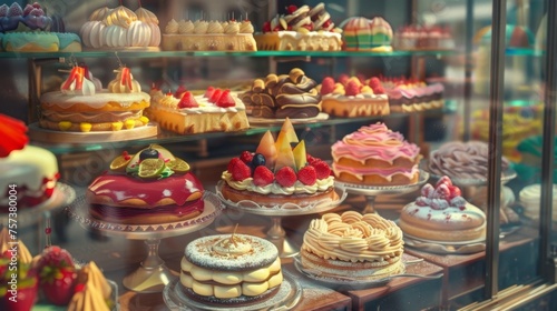 A Delectable Array of Pastries in a Vibrant Dessert Showcase