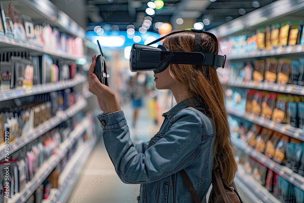 A person wearing virtual reality headset for a virtual shopping experience A person wearing virtual reality headset for a virtual shopping experience