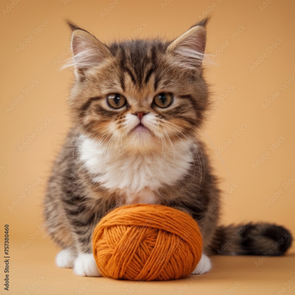 Funny kitten with a ball of wool for knitting. Persian, playful domestic cat.