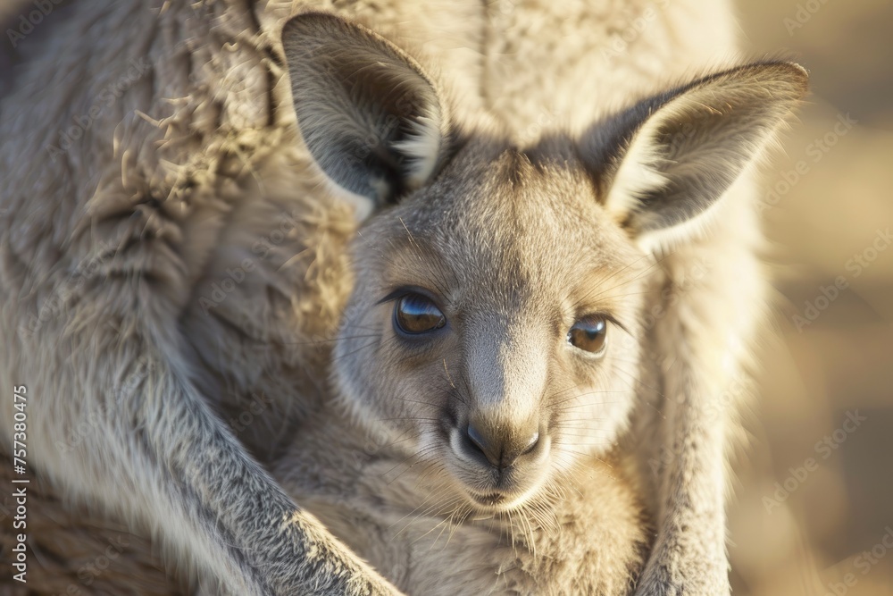 Curious baby kangaroo joey peeking out with its mother in the golden outback light