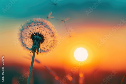 A tranquil scene of a single dandelion against a sunset sky