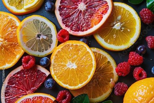 A vibrant scene of a fruitbased facial treatment with slices of citrus and berries photo