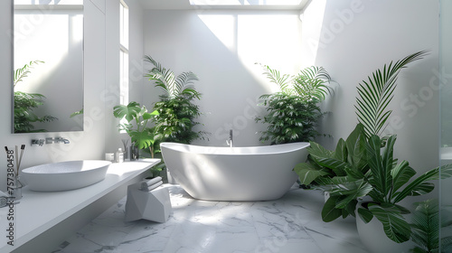 A modern bathroom illuminated by a skylight  featuring indoor plants and a sleek white bathtub creating a tranquil atmosphere