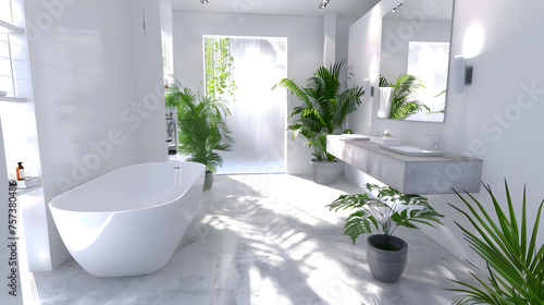 Light-filled modern bathroom that seamlessly blends indoor living with outdoor flora on a textured floor