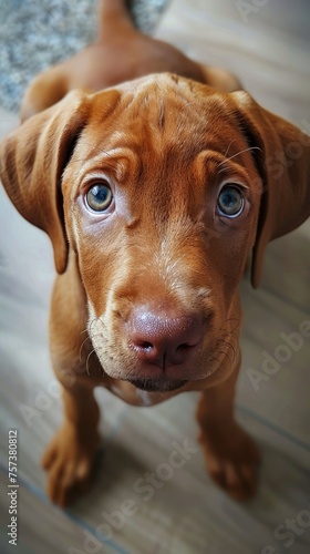 A Vizsla puppy with big sad eyes