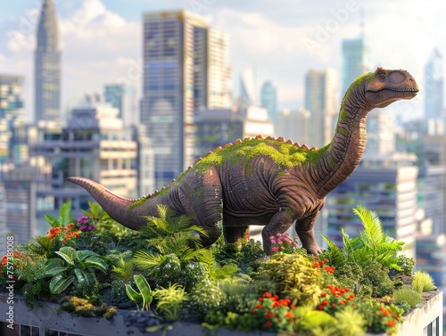 Friendly brontosaurus tidying the rooftop garden of a high-rise  showcasing an eco-friendly city living with a prehistoric twist