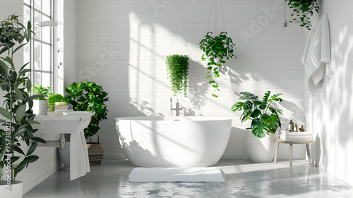 A bright white bathroom filled with natural light  complete with a claw-foot tub and adorned with an abundance of refreshing green plants