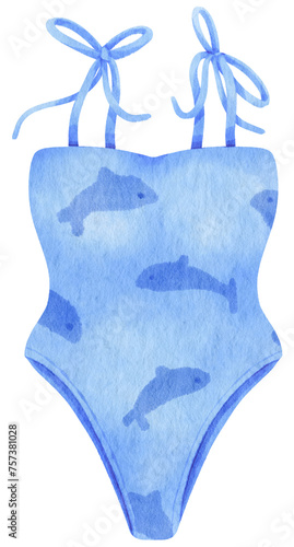 Blue one piece bikini swimsuits watercolor style for summer decorative element photo