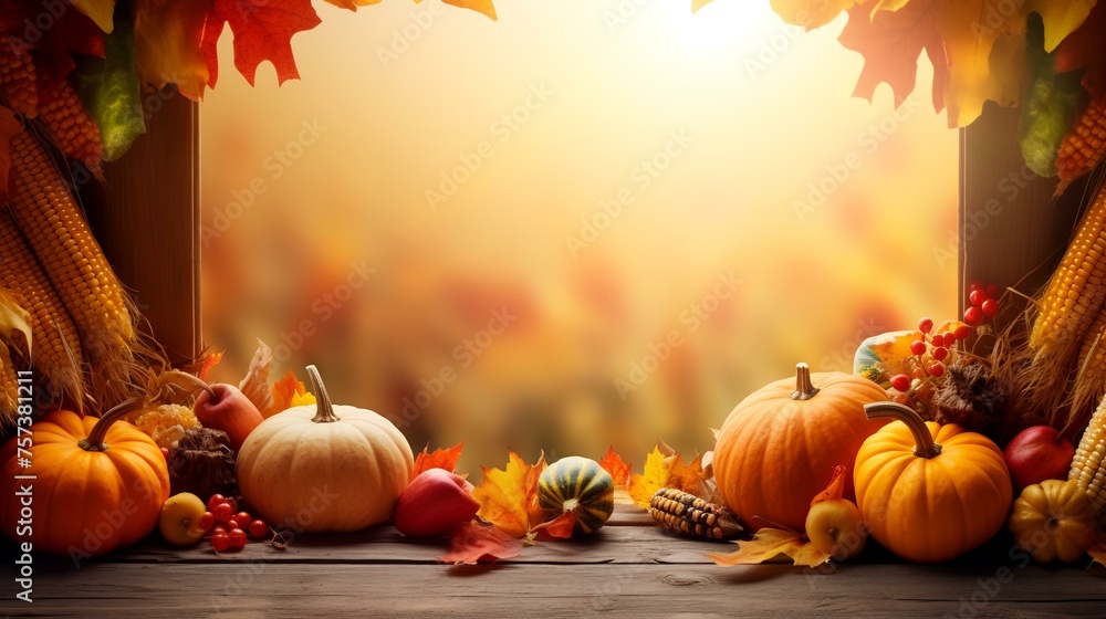 Autumn background with pumpkins and leaves, copy space for text - obrazy, fototapety, plakaty 