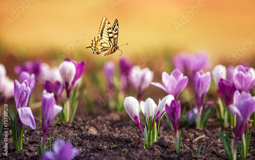 natural view with many flowers of purple snowdrops crocuses and a swallowtail...