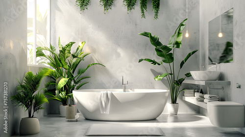 This image captures a bright bathroom space enhanced by an abundance of green plants, and natural light reflecting a sense of calm