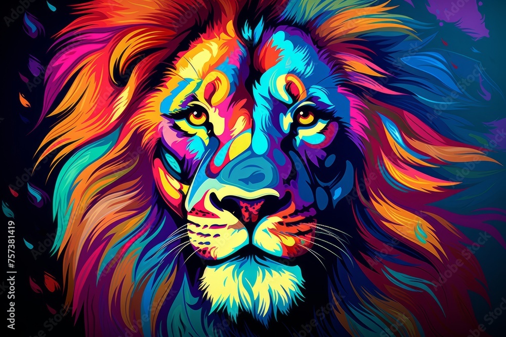 Colorful portrait of a lion, creative illustration in bright colors, pop art style