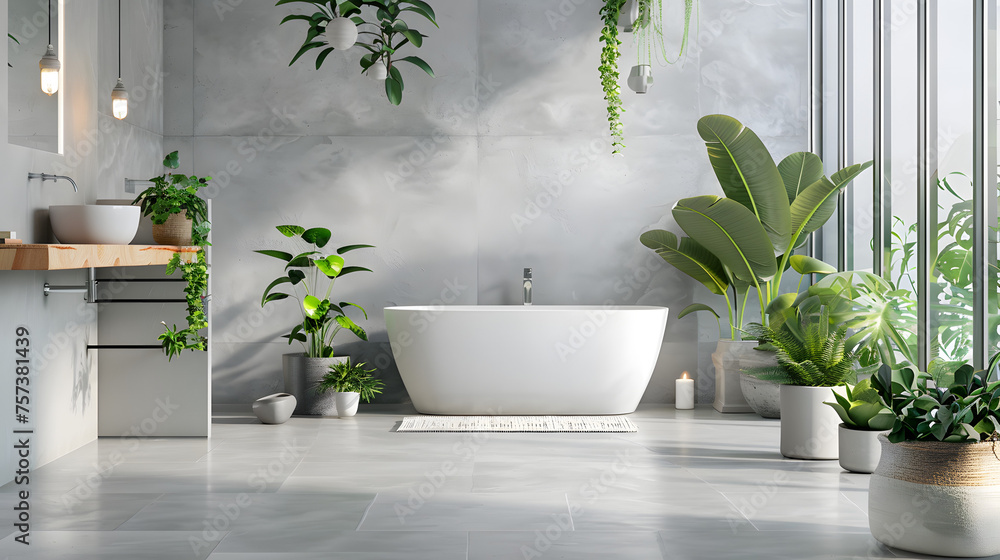 An elegant bathroom design featuring a white freestanding bathtub surrounded by a variety of lush houseplants and textured walls An elegant bathroom design featuring a white freestanding bathtub surrounded by a variety of lush houseplants and textured walls