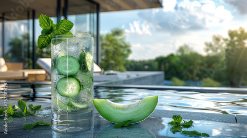 The tall glass with ripe chunks of cucumber and vibrant green mint stands by a luxurious pool