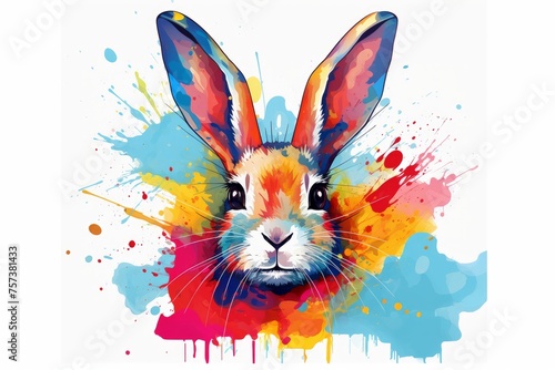 Colorful rabbit portrait, creative watercolor illustration with splashes of bright colors. 