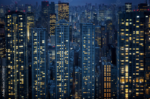 Bright skyscrapers illuminate the modern city skyline at night