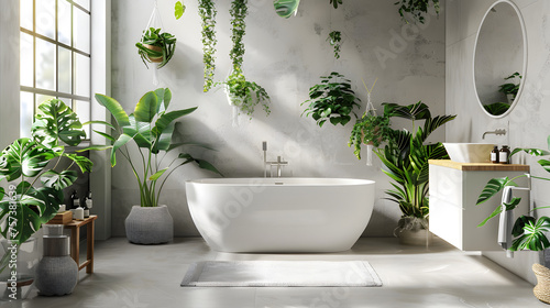 Elegant modern bathroom with a freestanding tub, surrounded by a variety of potted plants creating a serene and natural atmosphere photo