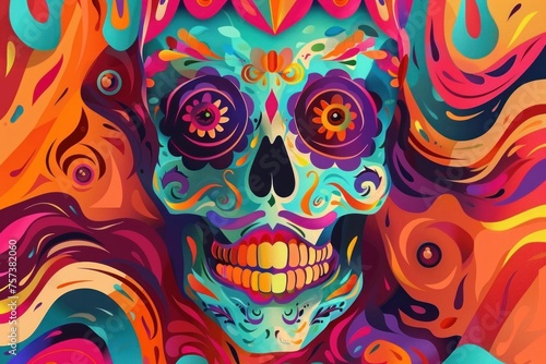 A colorful skull with a smiling mouth and a flower on its forehead. Calavera Abstract Mexican Skull Face