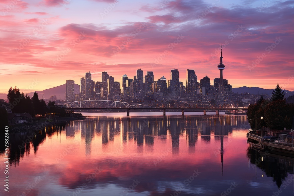 City skyline reflected in water at sunset, creating a stunning afterglow