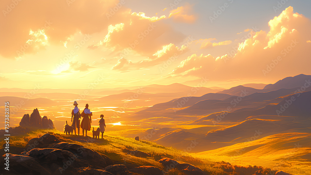 three people and two dogs standing in front of the valley at sunset - obrazy, fototapety, plakaty 