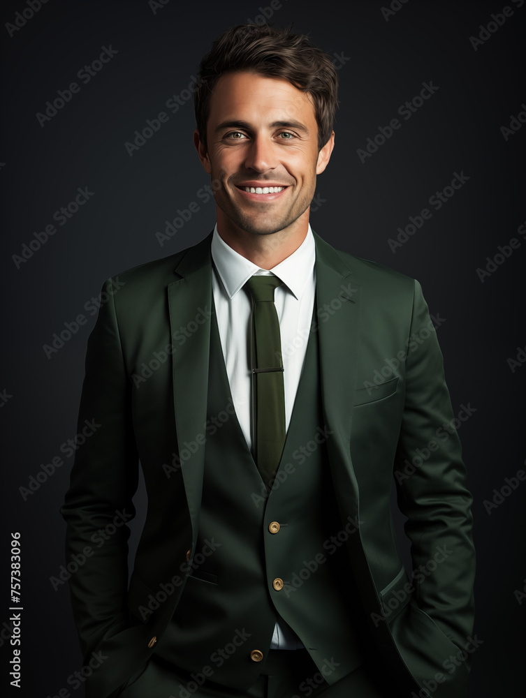 Photo of a young attractive smiling man in green suit and white shirt. Dark background. Business concept. Photo for banner, commercial Photo of a young attractive smiling man in green suit and white shirt. Dark background. Business concept. Photo for banner, commercial