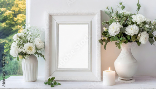 Mock up square frame with home decor and potted plants. White shelf and wall. Copy space. © netsay