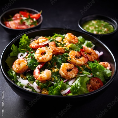 indian dishes, Mixed salad with fried shrimps in herb-garlic sauce in a black bowl