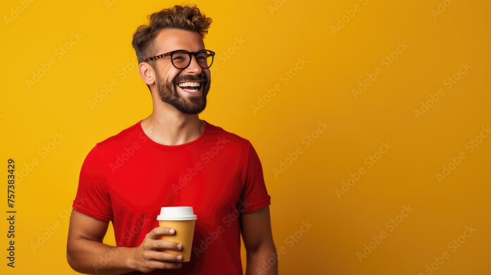Cheerful man with a beard and eyeglasses, holding a to go coffee cup, with a joyful expression against a vibrant yellow background.