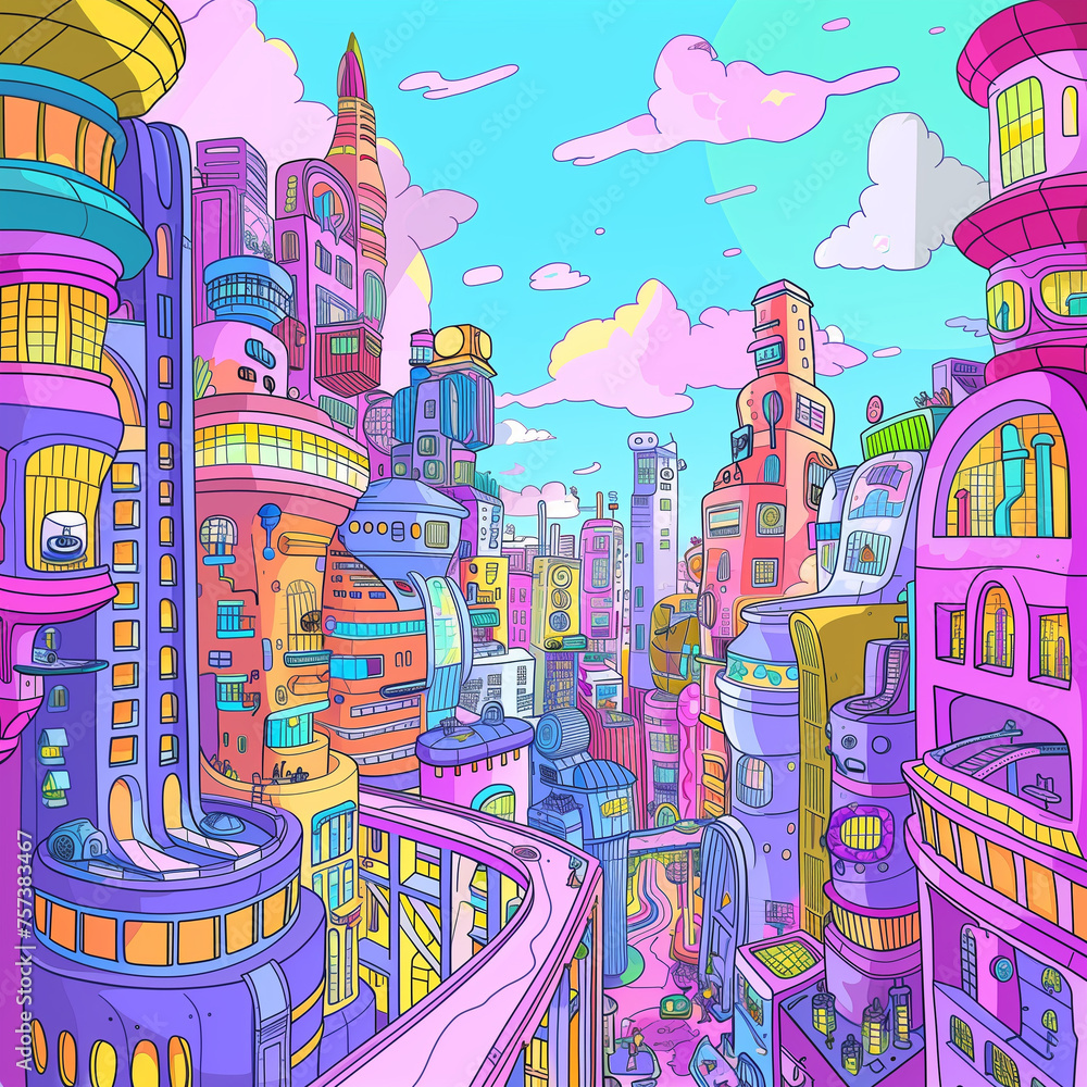 Futuristic view of a modern city. Drawing, sketch of a city landscape in bright colors in a comic style without background, png