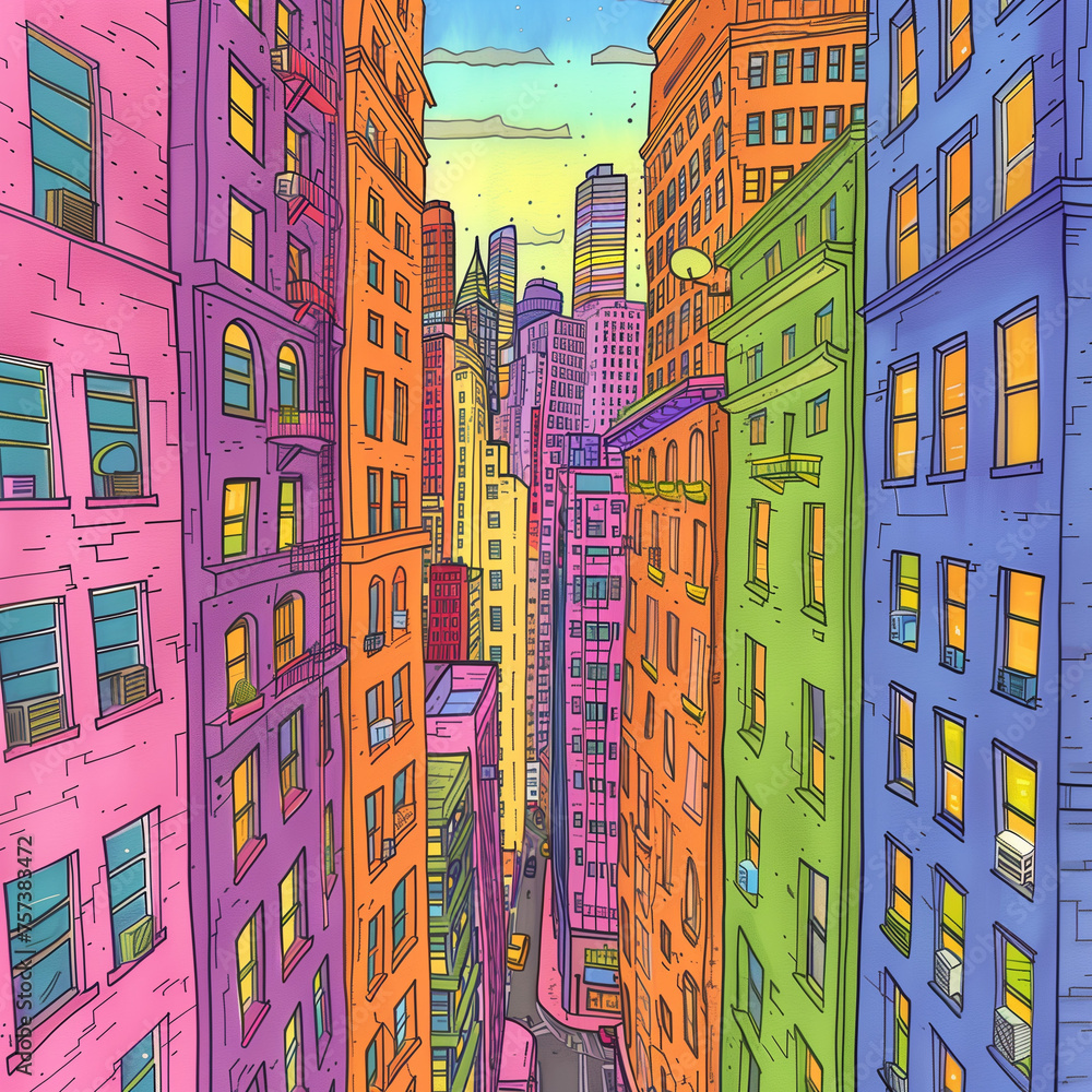 View of the street of a modern city at a height. Drawing, sketch of a city landscape in bright colors in a comic style without background, png
