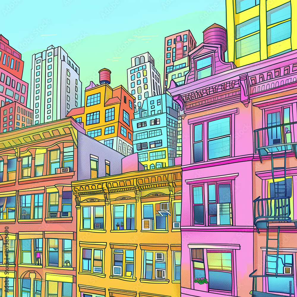Obraz premium The houses of a modern city rise higher and higher above each other. Drawing, sketch of a city landscape in bright colors in a comic style without background, png