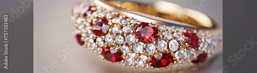 Gold ring adorned with shimmering diamonds and rubies 3D render