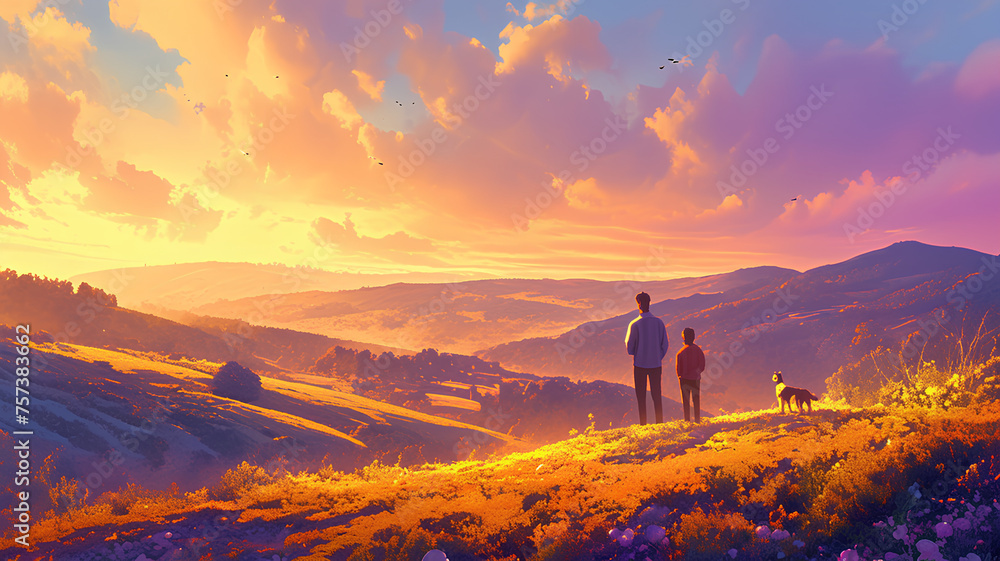 two people and a dog standing in front of the valley at sunset