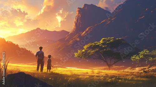 a man and his child stand in front of the valley at sunset