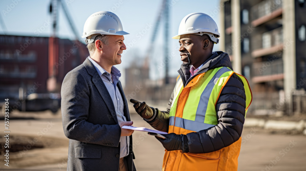 Two smiling construction workers, shaking hands at a construction site with heavy machinery in the background Two smiling construction workers, shaking hands at a construction site with heavy machinery in the background