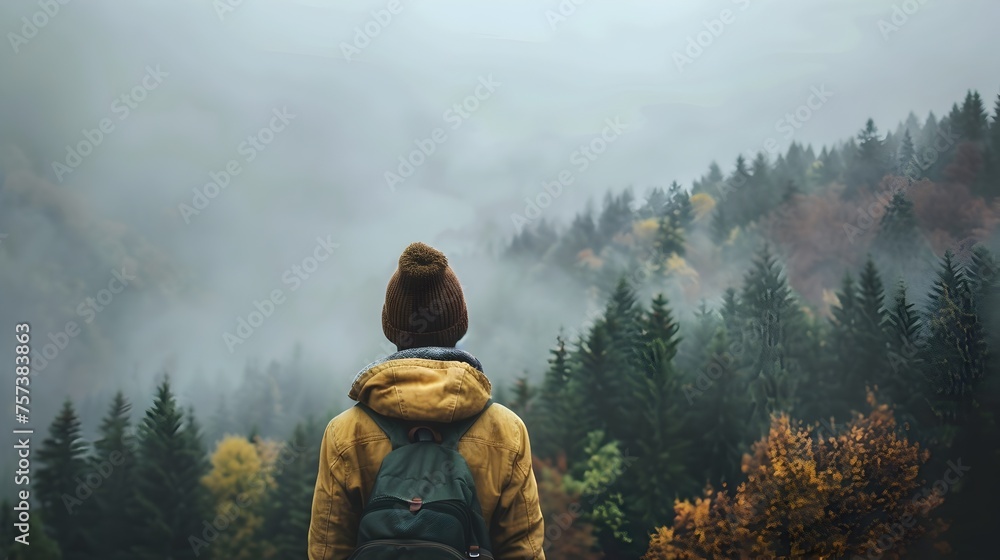 Hiker in Yellow Jacket Overlooking Foggy Autumn Forest and Mountains Hiker in Yellow Jacket Overlooking Foggy Autumn Forest and Mountains