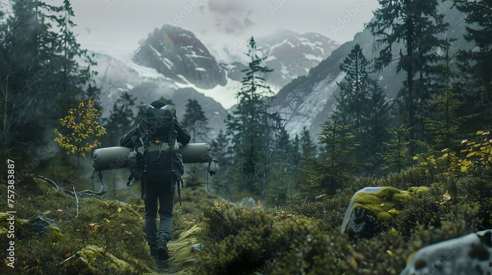 Hiker with Sci-Fi Air Tank Treks Through Snow-Capped Mountain Forest, Cinematic Style