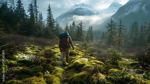 Hiker in Moss-Covered Forest of British Columbias Cinematic Cariboo Region with Snow-Capped Peaks