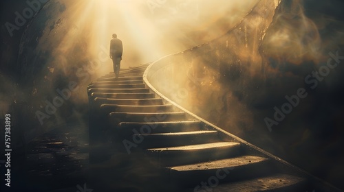 Man Ascending Foggy Staircase in Mystical Heavenly Glow