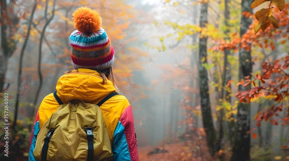 Vibrant Hiker Focused on Autumn Forest Beauty During Foggy Trek