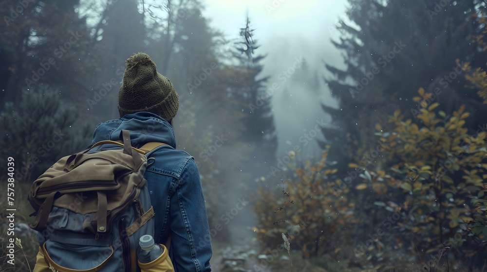 AI-generated Image of a Hiker in Foggy Autumn Forest Scrutinizing Mist-covered Path with Backpack and Beanie, Eliciting Sense of Solemnity and Mystery
