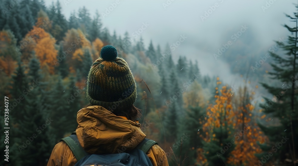 Autumn Hiker Peering into Misty Forest A Moment of Tranquil Suspense Autumn Hiker Peering into Misty Forest A Moment of Tranquil Suspense