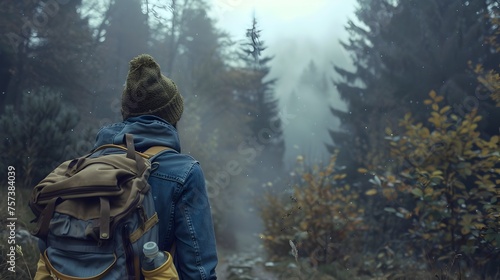 AI-generated Image of a Hiker in Foggy Autumn Forest Scrutinizing Mist-covered Path with Backpack and Beanie, Eliciting Sense of Solemnity and Mystery
