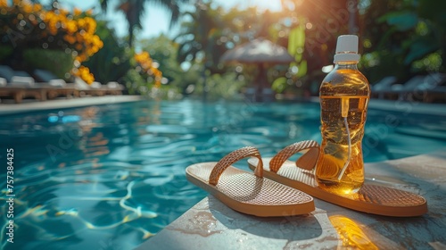 A bottle of sunscreen and a slipper are seen near a swimming pool at a luxury hotel. This is a concept of summer travel, vacation, holiday, and weekend travel.