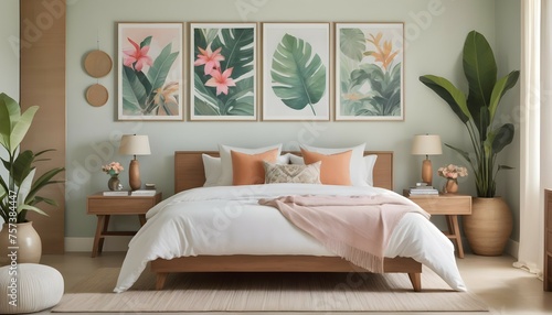 A captivating composition showcasing a curated selection of artwork adorning the bedroom walls, from abstract paintings in soothing pastel hues to vibrant botanical prints inspired by Bali's lush trop photo